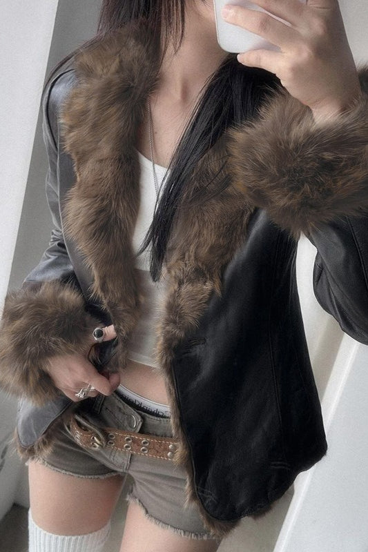 Fur Collar Panel Leather Jacket
