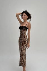 Lace Trim Leopard Cami Sequin Backless Fit Lace Dress