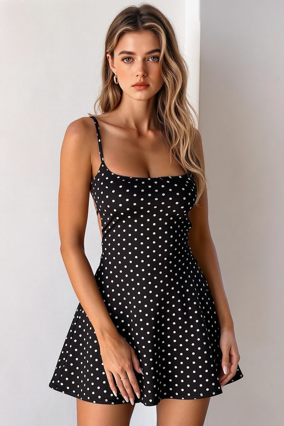 Polka Dot Cutout Back Lace Up A Line Slip Dress - View 2