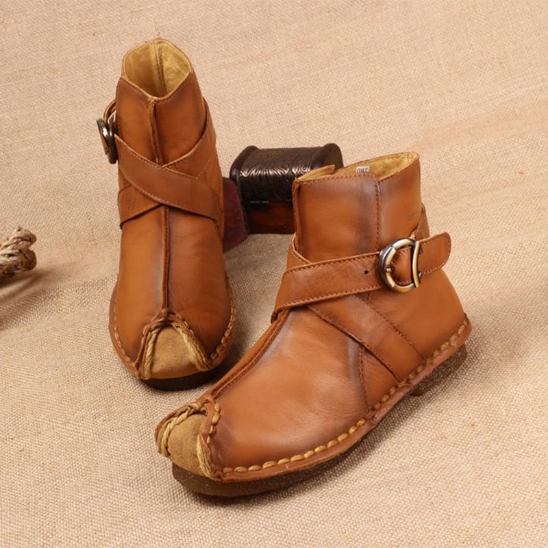 National Style Leather Short Boots For Women Buckle Decoration Green/Black/Brown