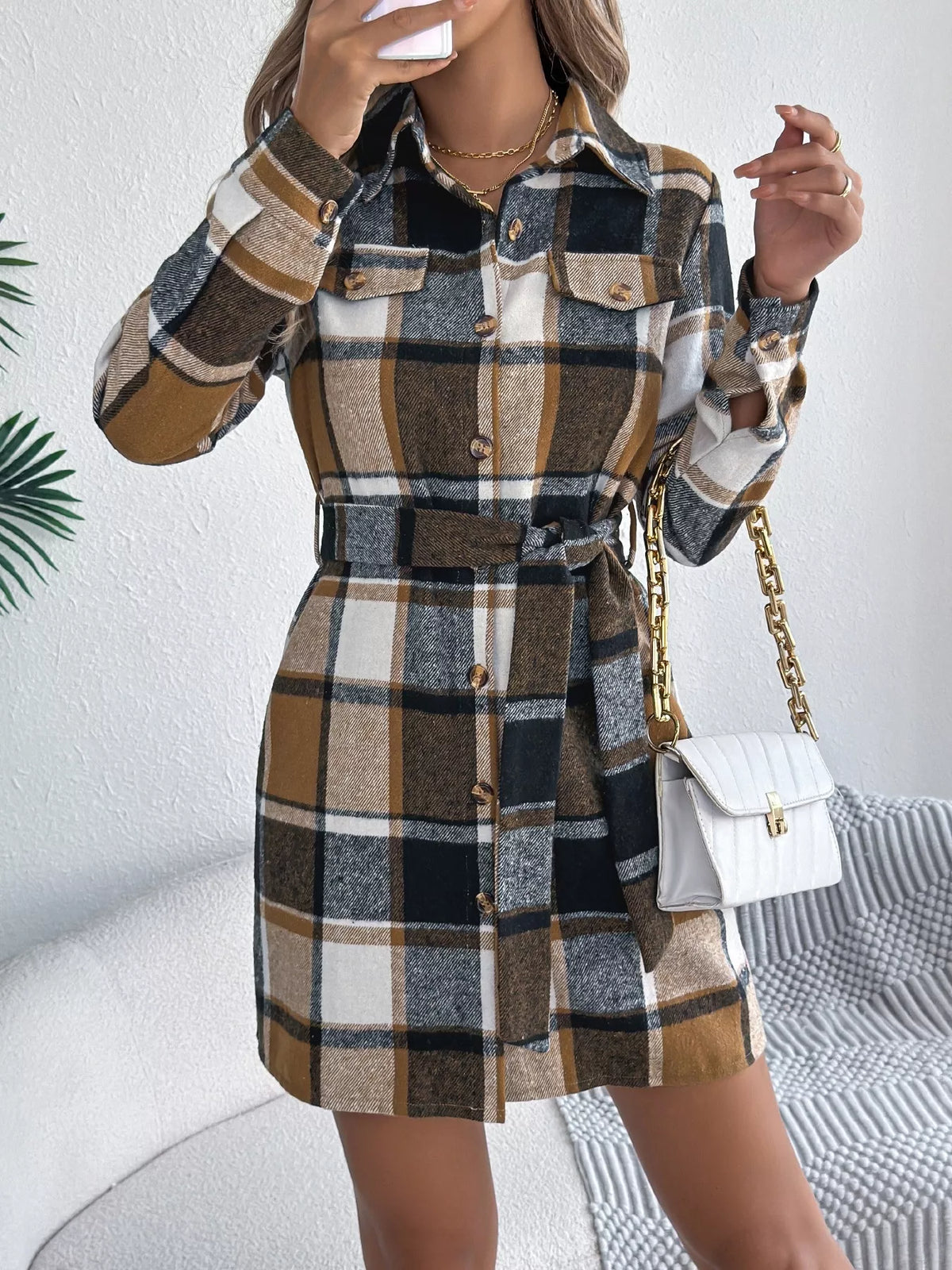 Plaid Button Front Tie Waist Shirt Dress