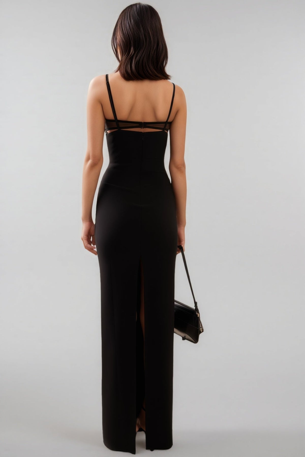 Spaghetti Strap Bustier Sheer Mesh Panel Bodycon Maxi Dress 3
