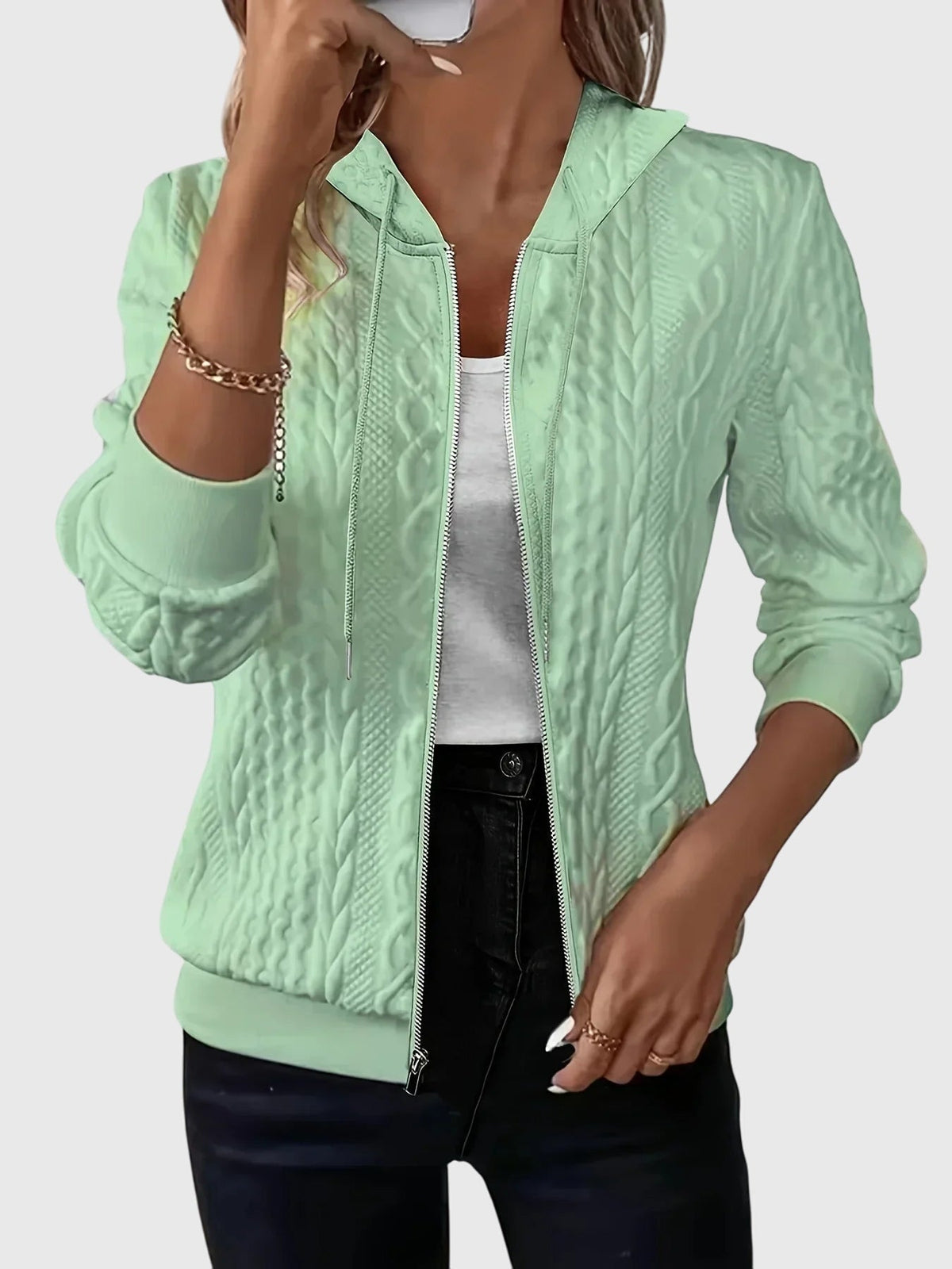 Cable Textured Zip Front Drawstring Hooded Jacket
