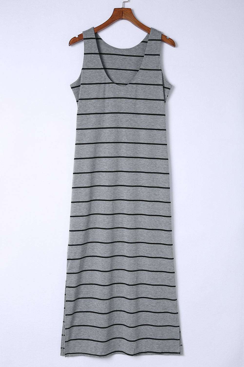 Striped Knit Sleeveless Scoop Neck Side Split Maxi Dress 10
