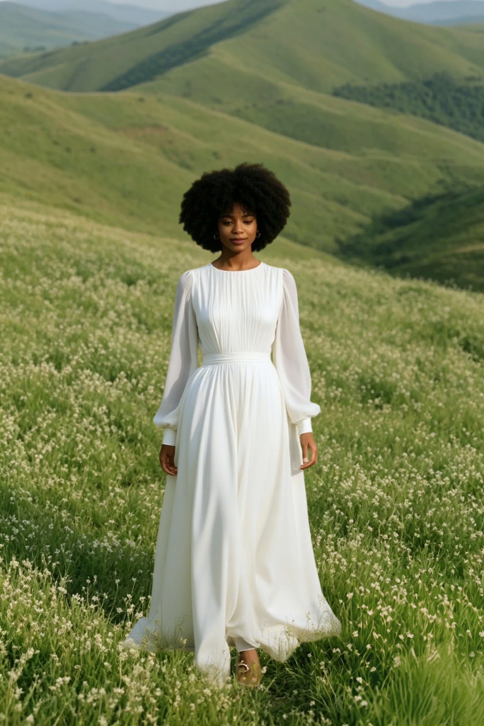 Chiffon Round Neck Bishop Sleeve Pleated Flowy Maxi Prom Dress