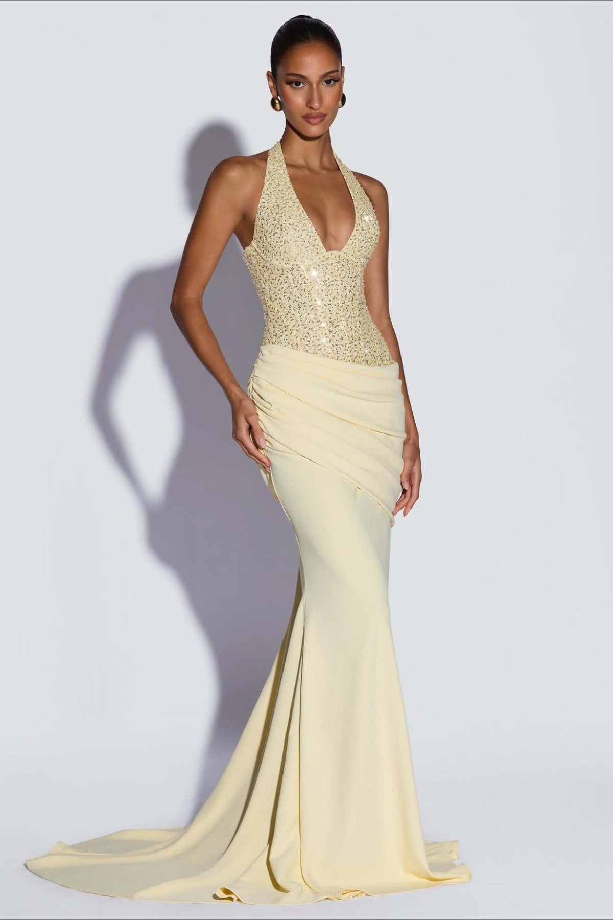 Sequin Halter Neck Deep V-Neck Draped Hip Mermaid Train Gown 3
