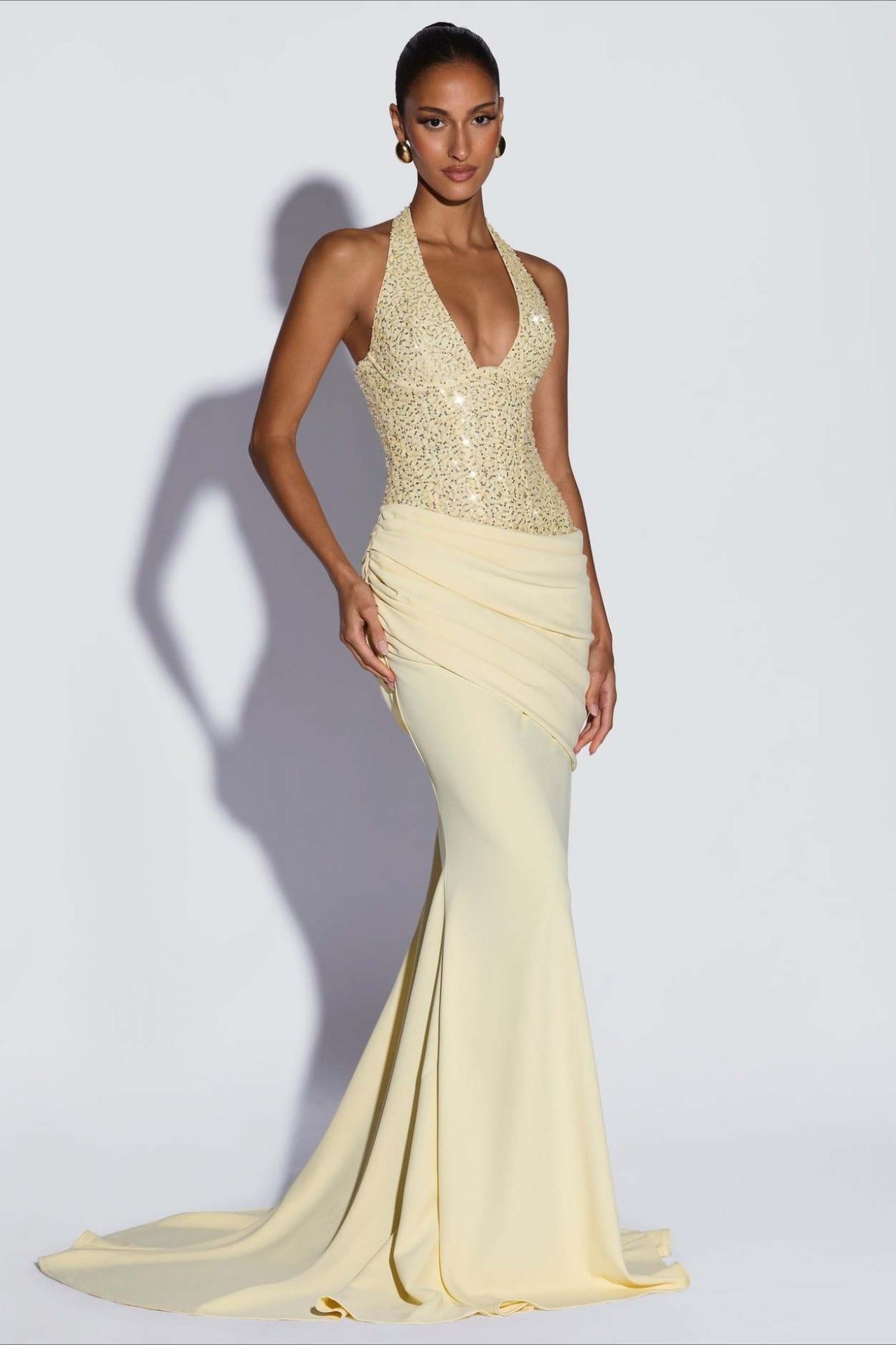 Sequin Patch Halter Deep V Ruched Train Maxi Bodycon Dress