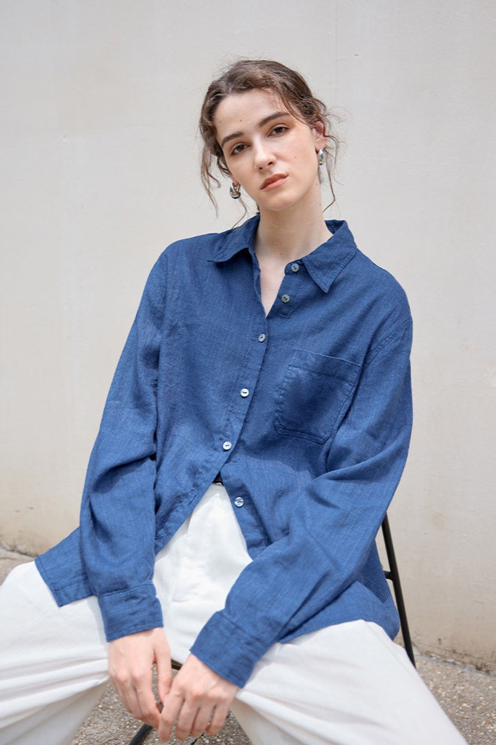 Linen Look Collared Long Sleeve Chest Pocket Button Front Shirt 2