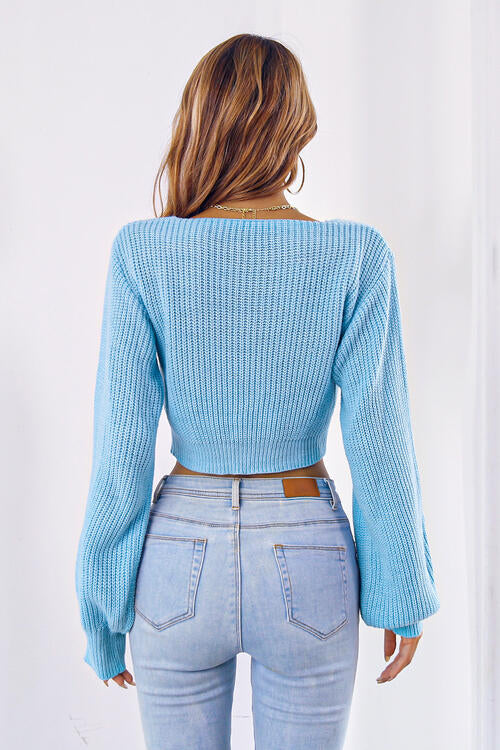 V-Neck Tie Front Lantern Sleeve Ribbed Knit Cropped Sweater 4