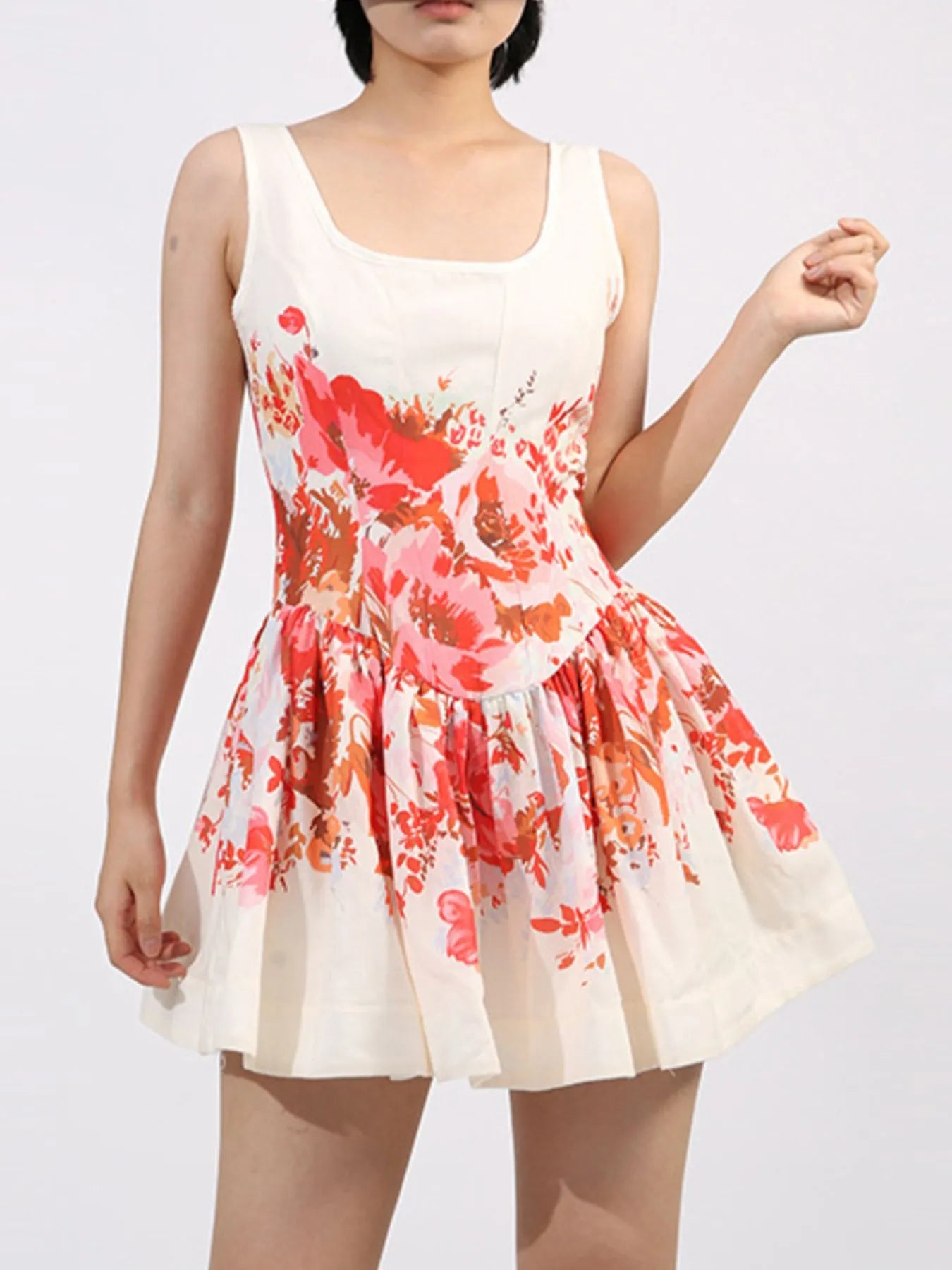 Floral Print Sleeveless A-Line Mini Dress – Summer Casual Sundress Red
