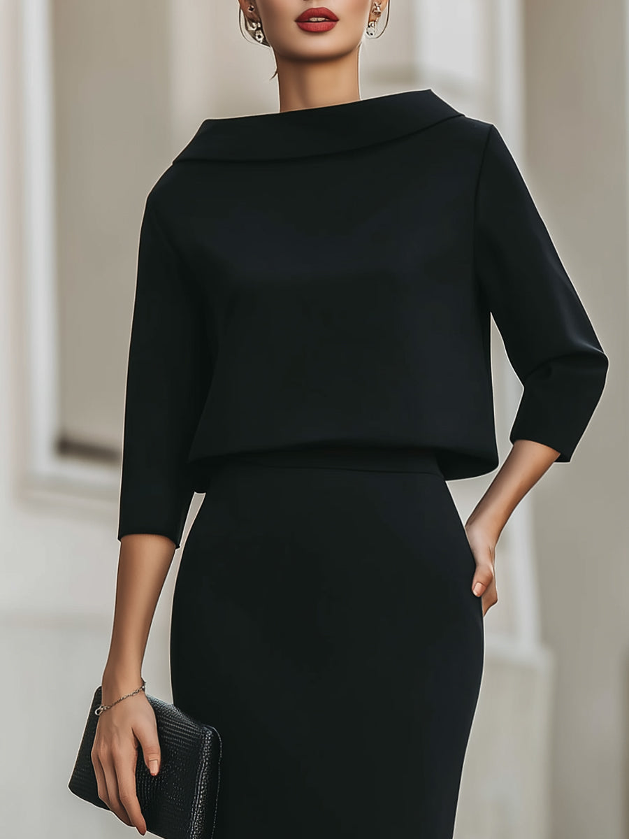 Cowl Neck Top and Straight Midi Skirt Two Piece Set