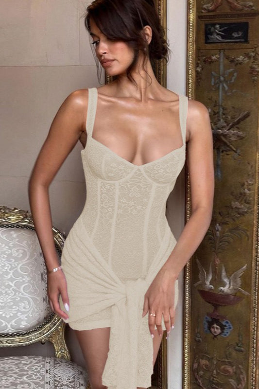 Lace V-Neck Spaghetti Insert Lace-Up Slim Lace Dress