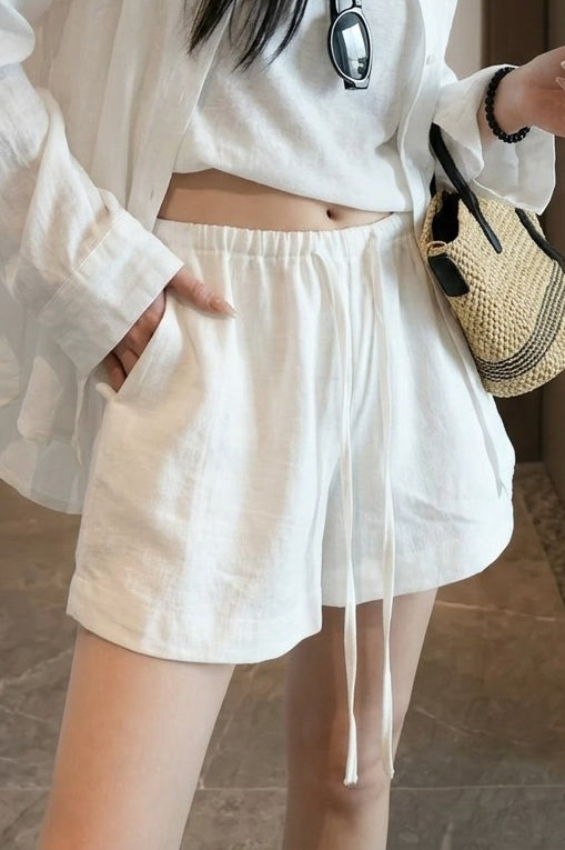 Elastic Waist Long Drawstring Textured Wide Leg Pocket Shorts