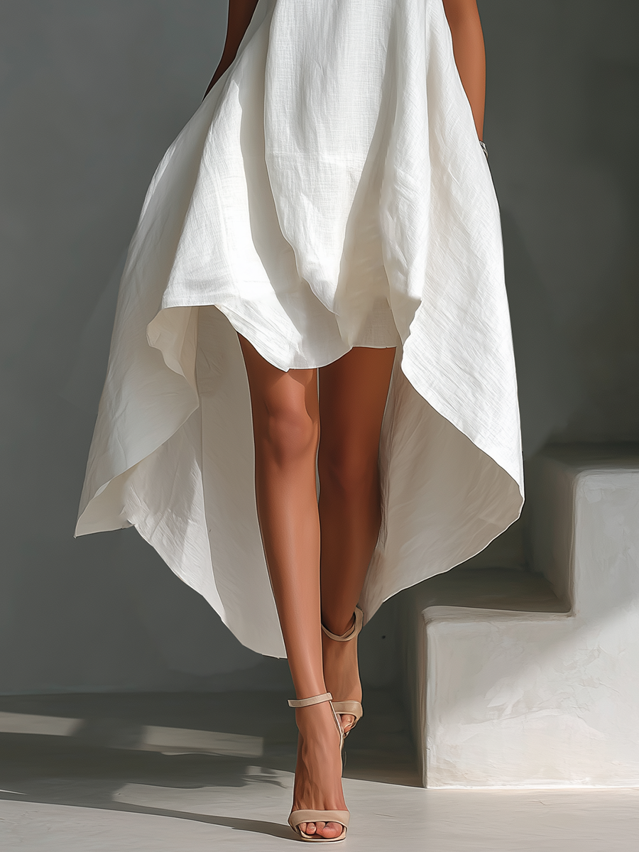 Round Neck Sleeveless High Low Linen Look Midi Dress 7