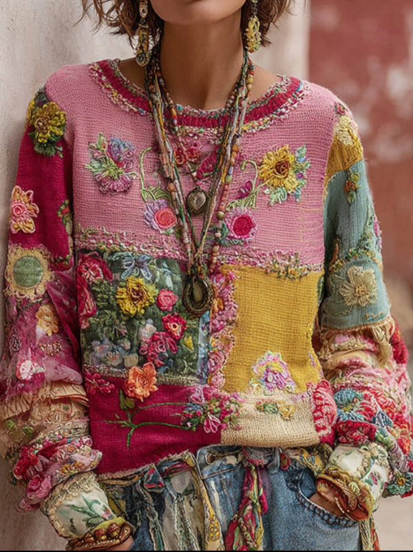 Floral Patchwork Embroidered Crew Neck Knit Sweater