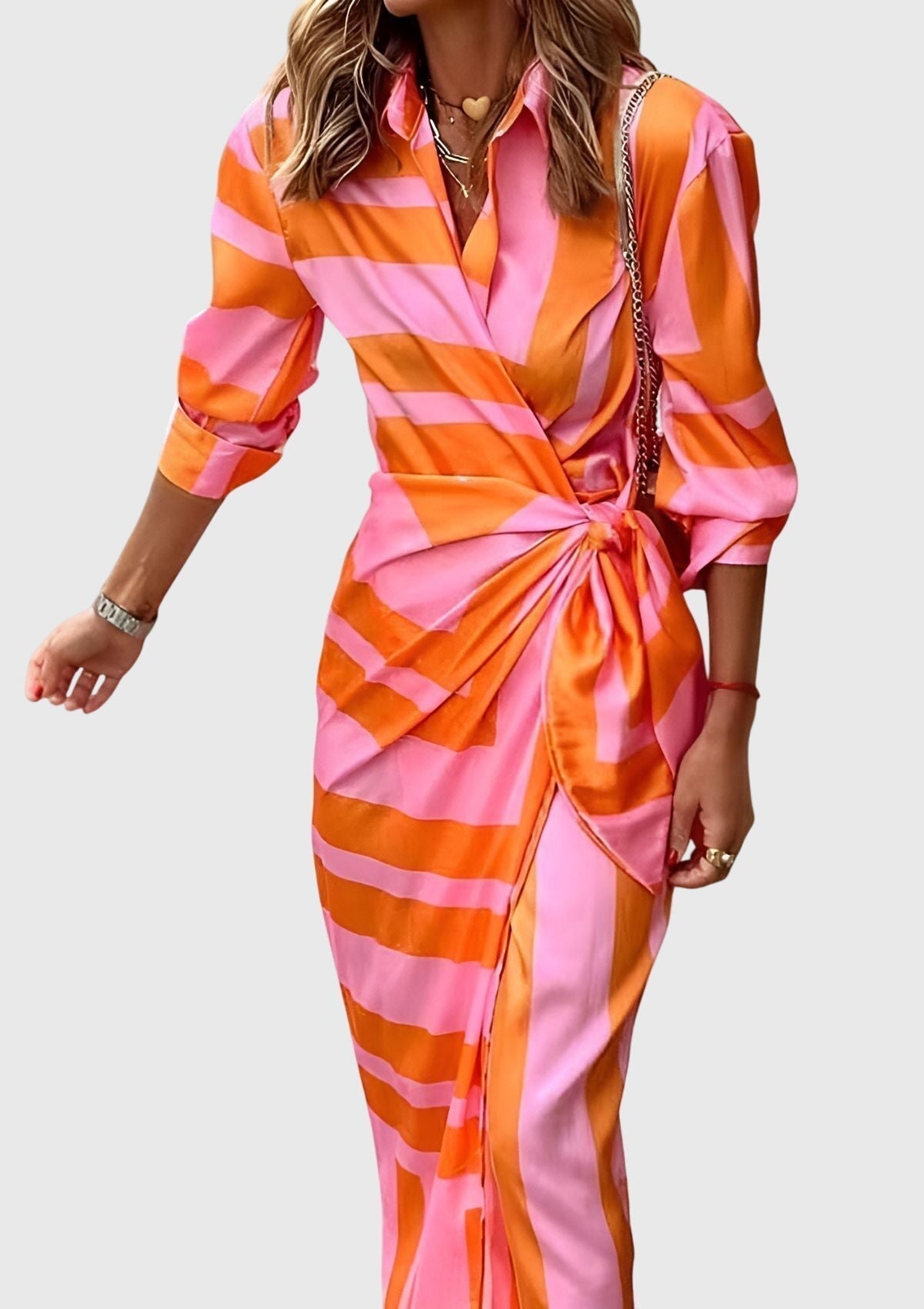 Geometric Print Collared Long Sleeve Wrap Tie Midi Dress 9