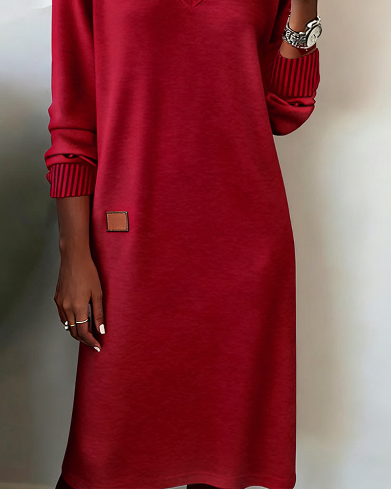 V-Neck Long Sleeve Ribbed Cuff Sweater Dress