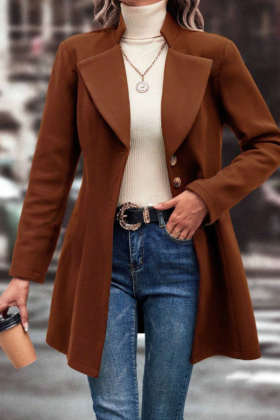 Notched Lapel Single Breasted Fit and Flare Longline Coat 3
