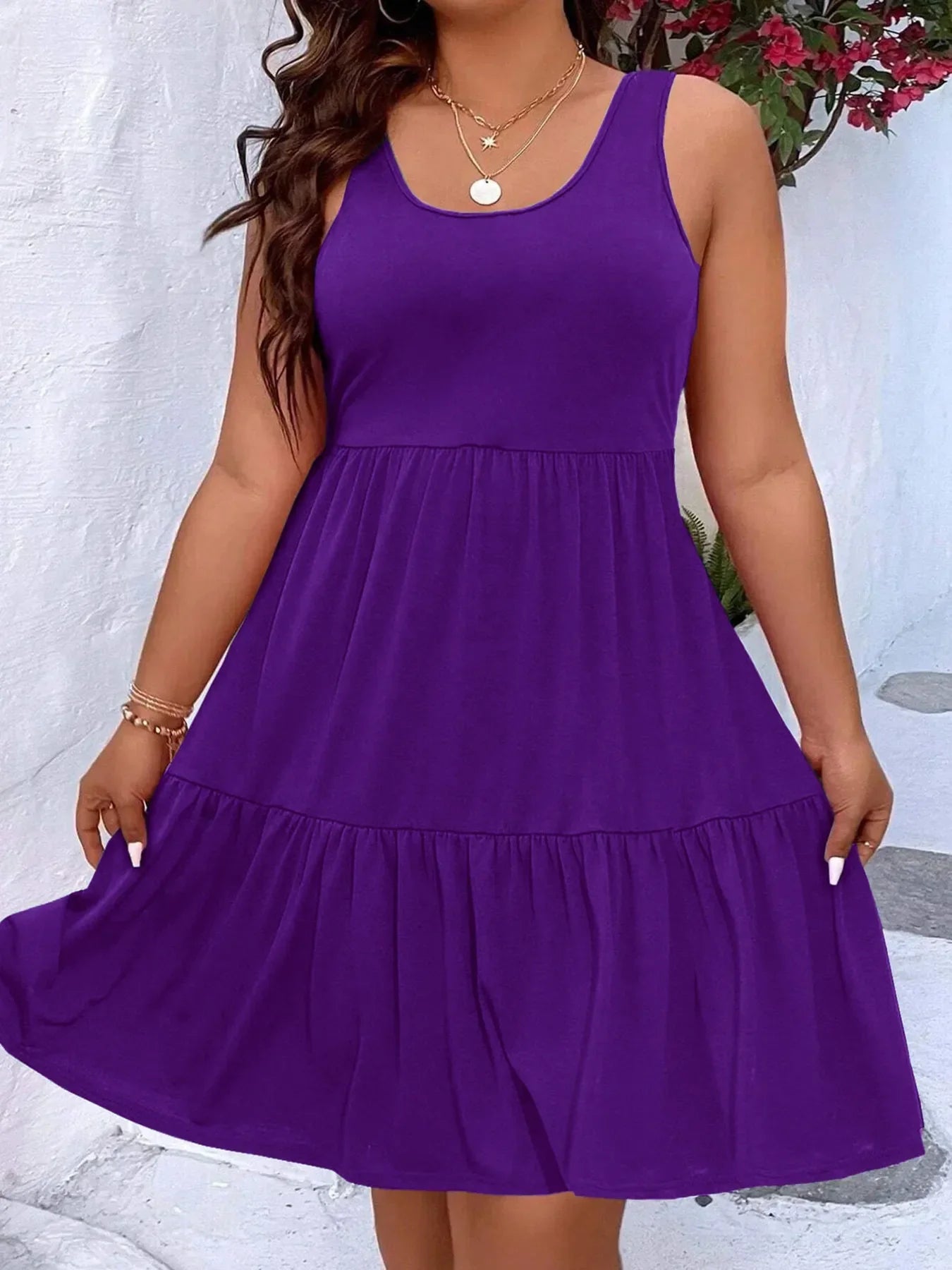 Plus Size Tiered Scoop Neck Tank Dress Purple