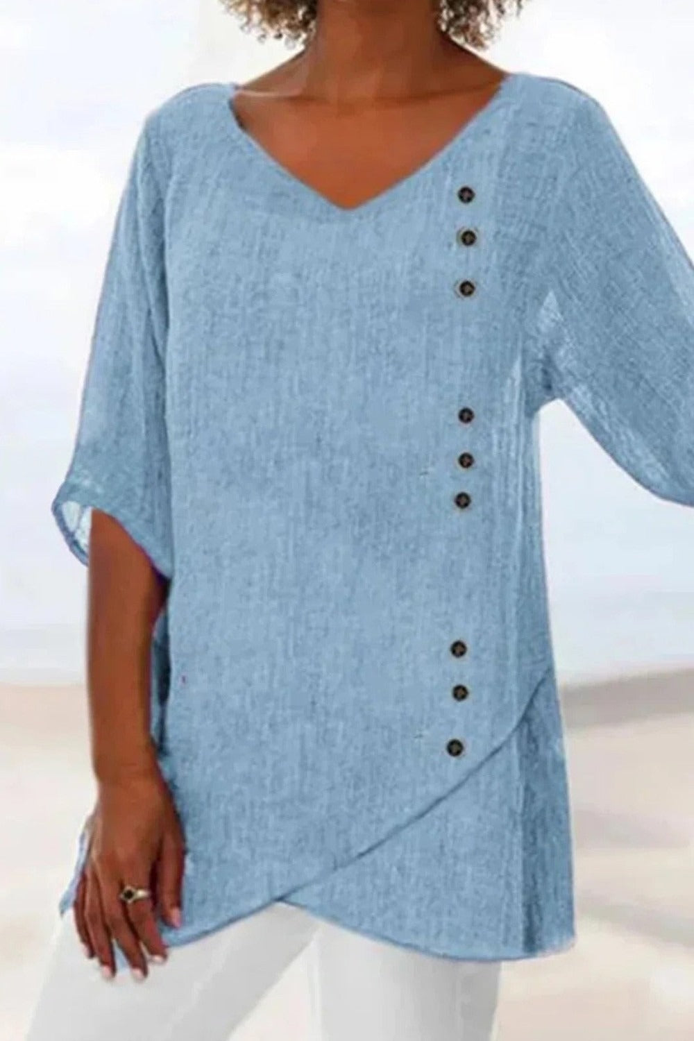 V-Neck Button Detail Tulip Hem Linen Look Top