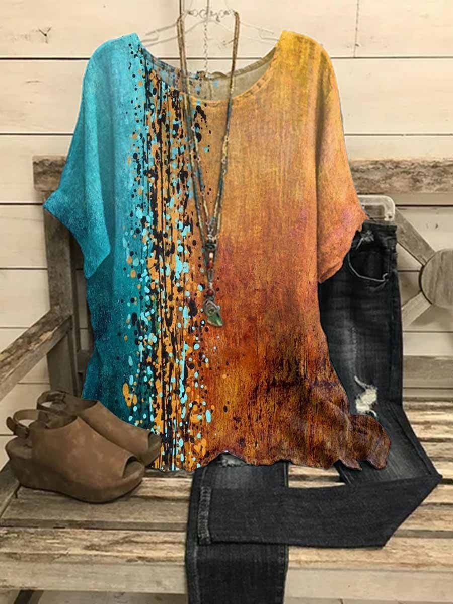 Splatter Print Round Neck Short Sleeve Batwing Top