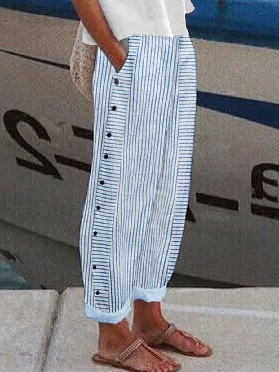 Striped Side Button Tapered Pants