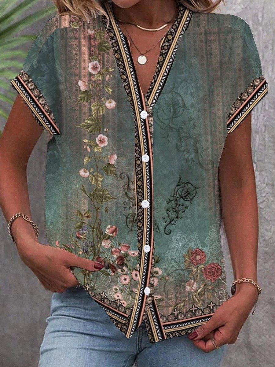 Floral Print Bohemian Border V-Neck Short Sleeve Button Front Blouse