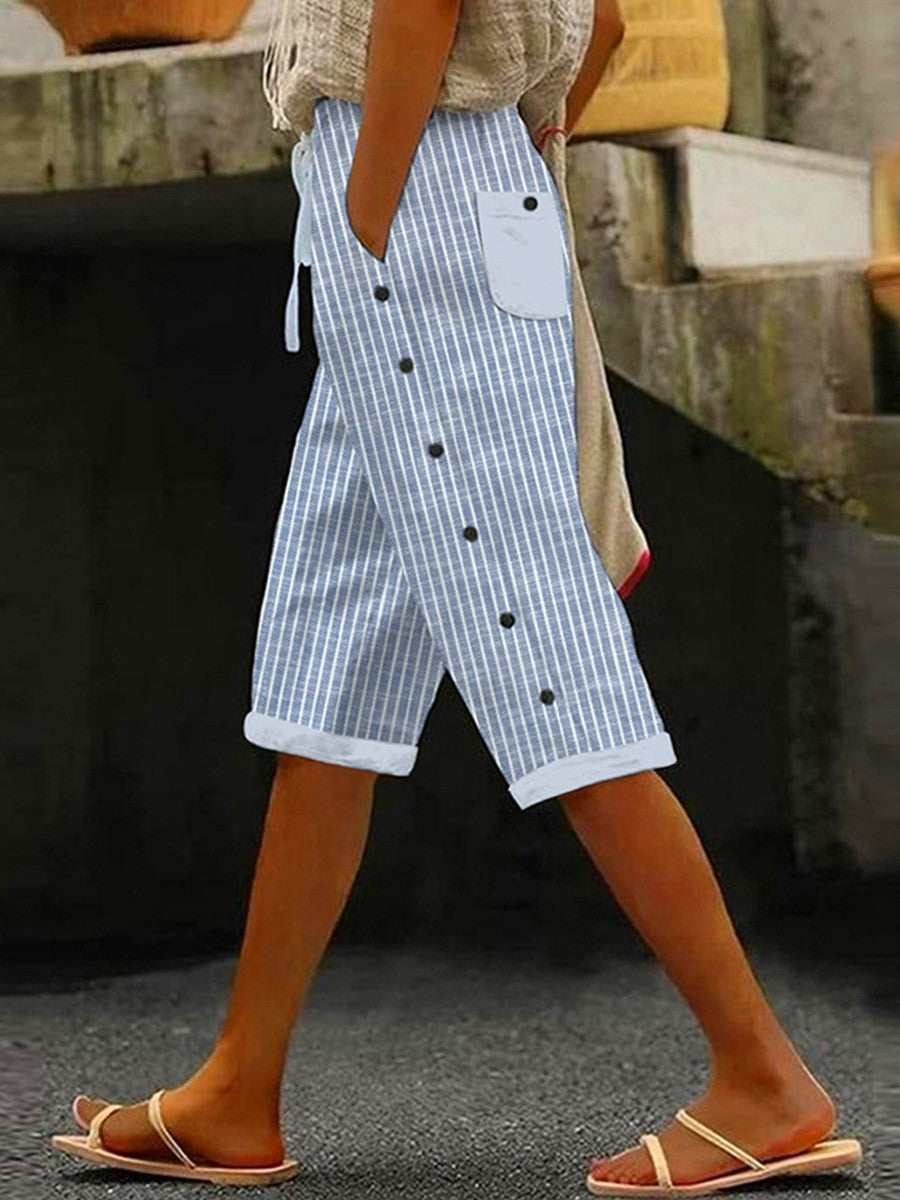 Striped Side Button Pocket Cropped Pants