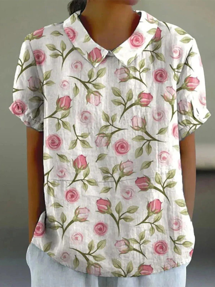 Rose Floral Print Collared Short Sleeve Blouse