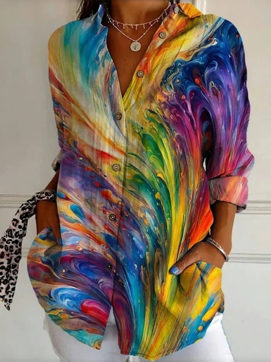 Abstract Paint Swirl Print Collared Long Sleeve Button Front Blouse