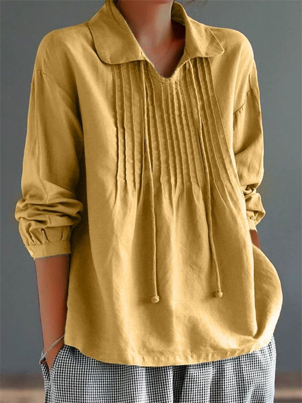 Collared Pintuck Front Long Sleeve Drawstring Blouse
