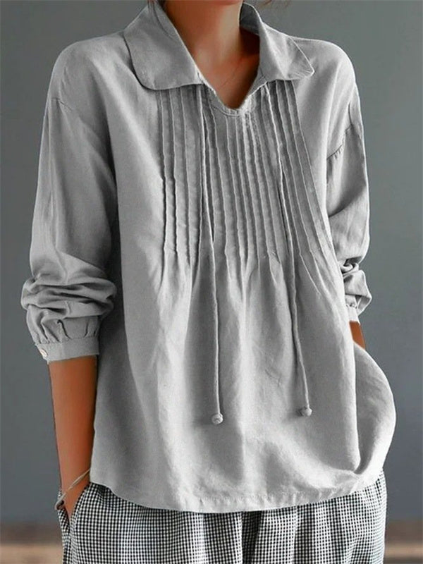 Collared Pintuck Front Long Sleeve Drawstring Blouse