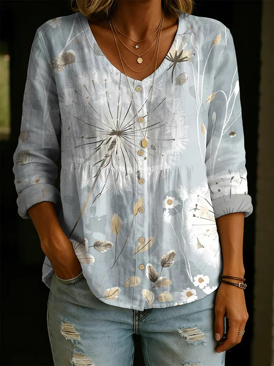 Dandelion Decorative Pattern Linen And Cotton Elegant Shirt