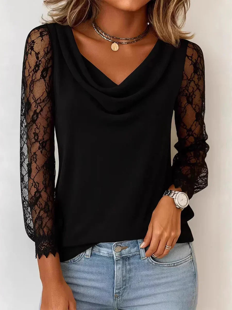Cowl Neck Lace Long Sleeve Top