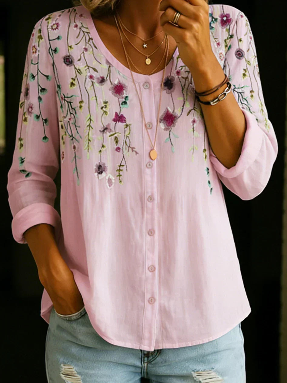 Vintage Florl V-Neck Cotton Linen Shirt Blouse
