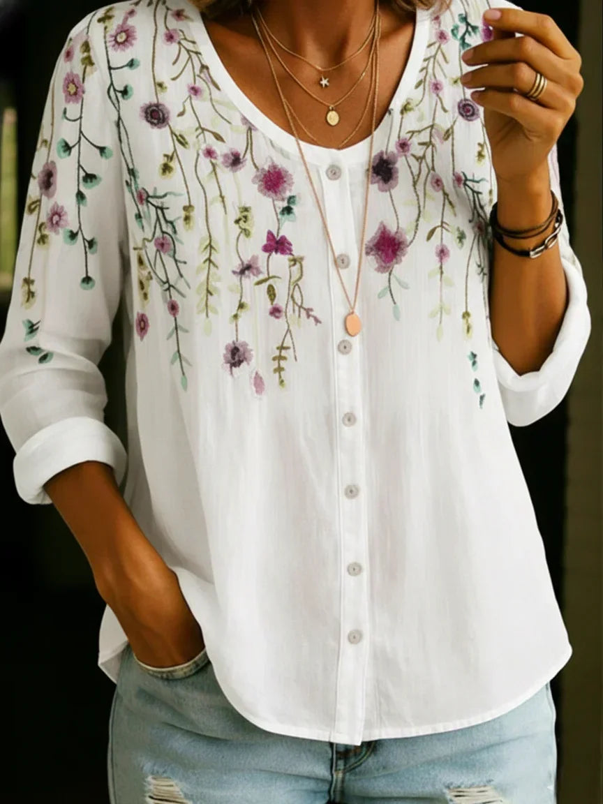 Vintage Florl V-Neck Cotton Linen Shirt Blouse