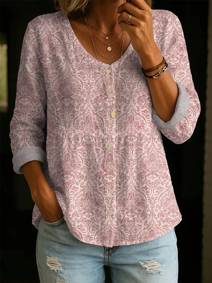 Paisley Print V-Neck Button Front Peplum Blouse