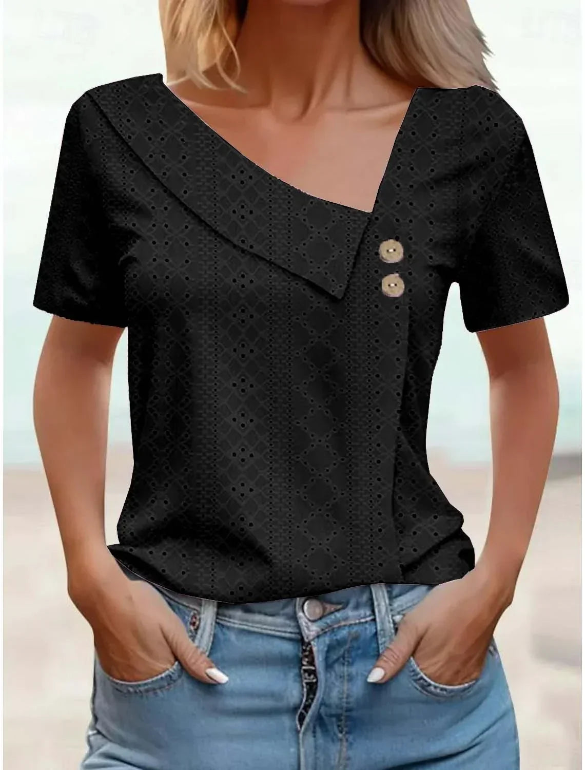 Eyelet Asymmetric V-Neck Button Short Sleeve Top