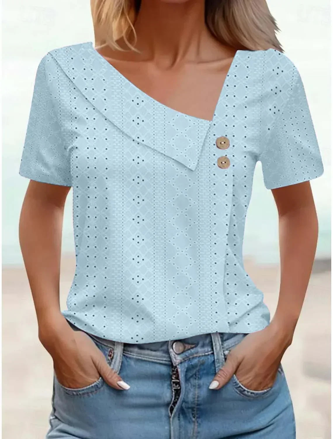 Eyelet Asymmetric V-Neck Button Short Sleeve Top