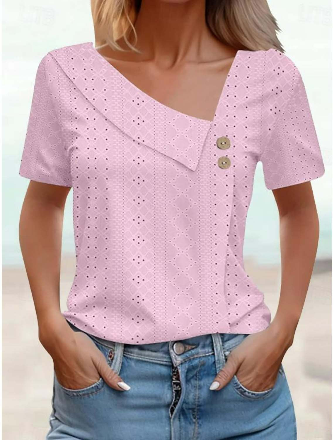 Eyelet Asymmetric V-Neck Button Short Sleeve Top