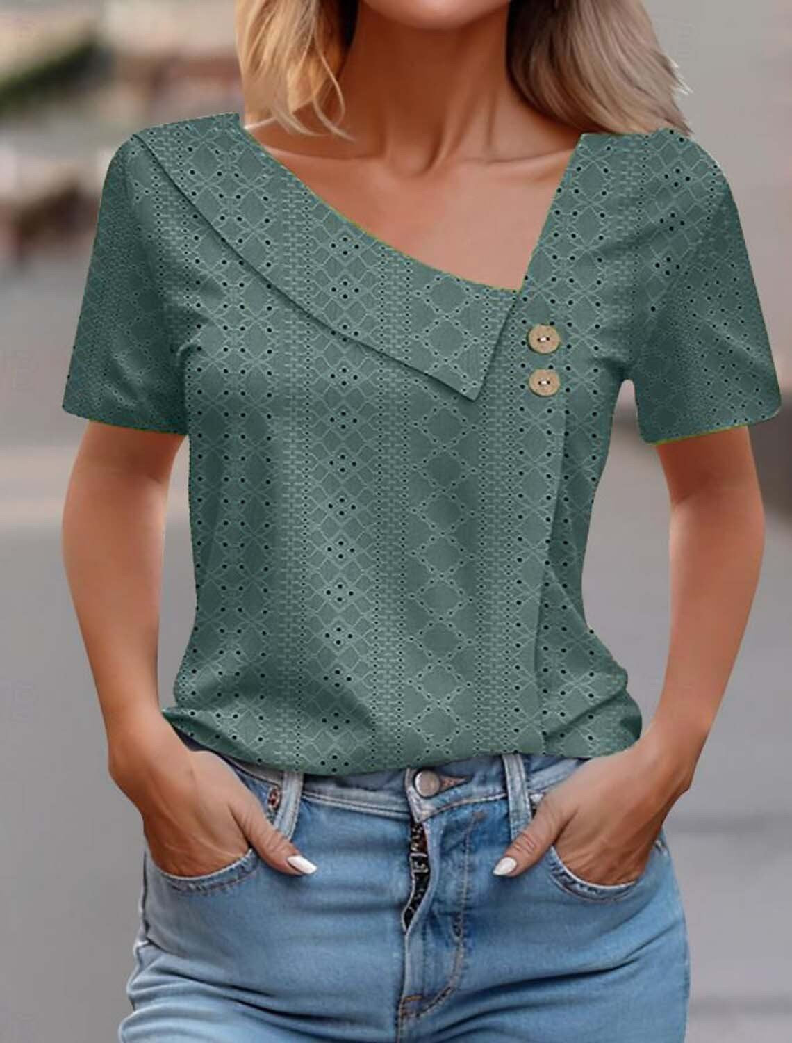 Eyelet Asymmetric V-Neck Button Short Sleeve Top