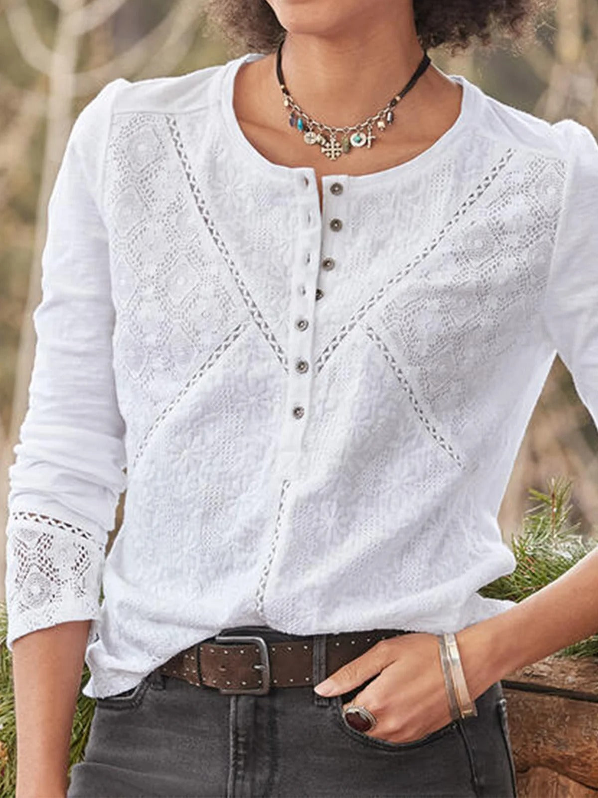 Round Neck Long Sleeve Crochet Lace Button Henley Top