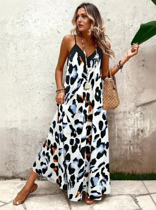 Leopard Print Spaghetti Strap Tiered Maxi Dress