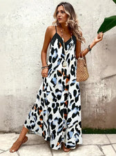 Leopard Print Spaghetti Strap Tiered Maxi Dress
