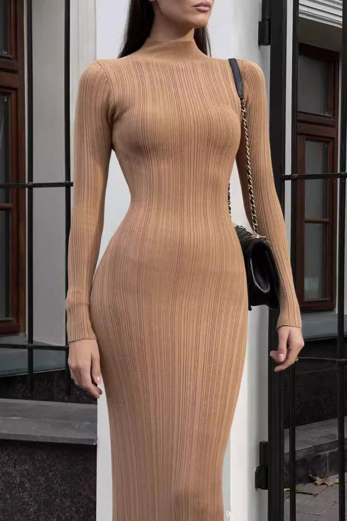 Turtleneck Striped Knit SlimFit Long Sleeve Sweater Dress