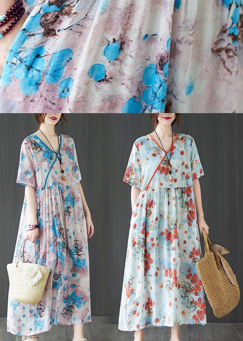 Berry Print Asymmetric V-Neck Empire Waist Short Sleeve Maxi Dress