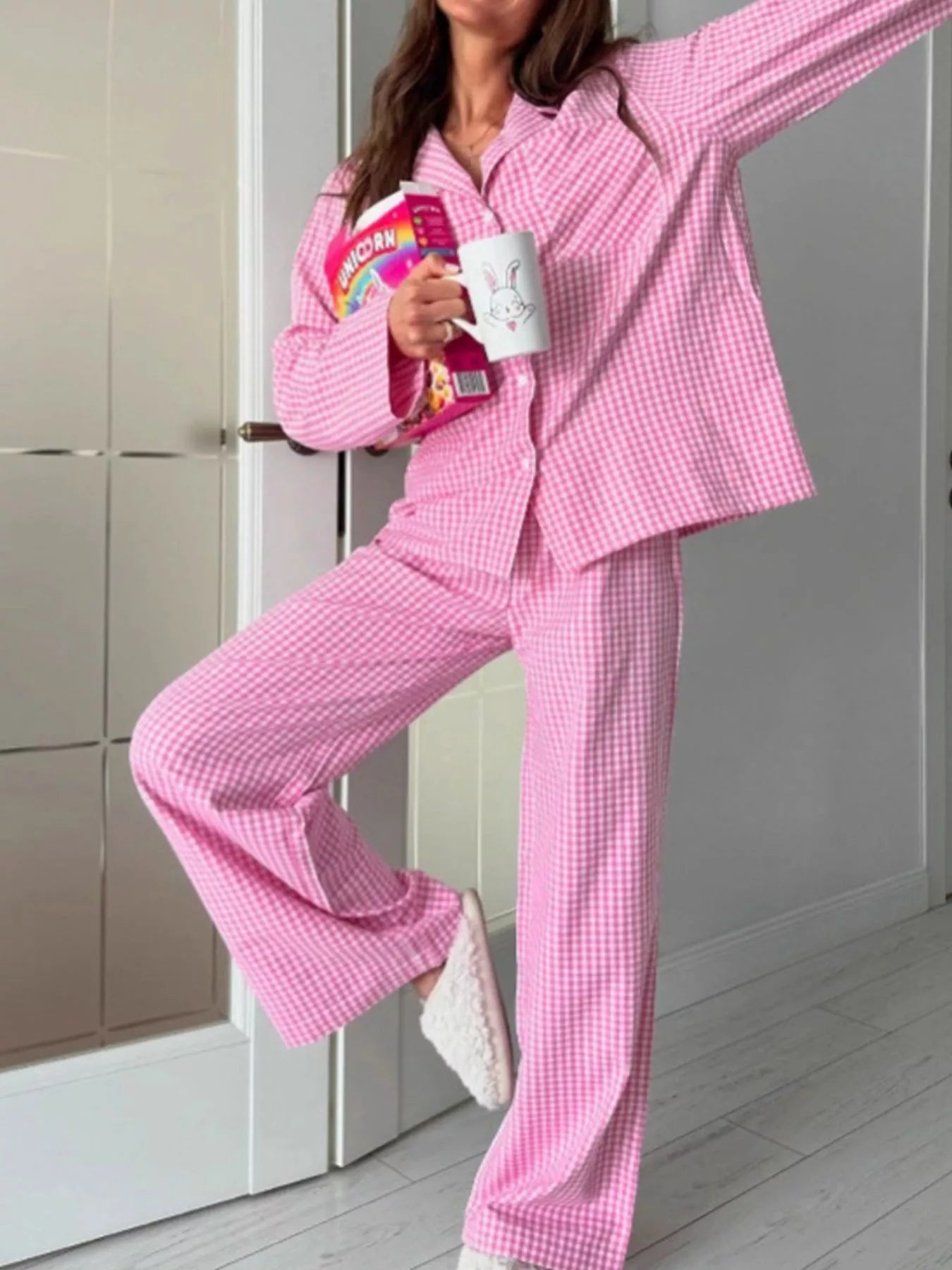 Gingham Button-Down Top and Pants Loungewear Set