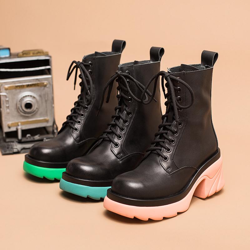Colorful Sole Leather Boots Designer Retro Chunky Riding Boots High Heel Handmade