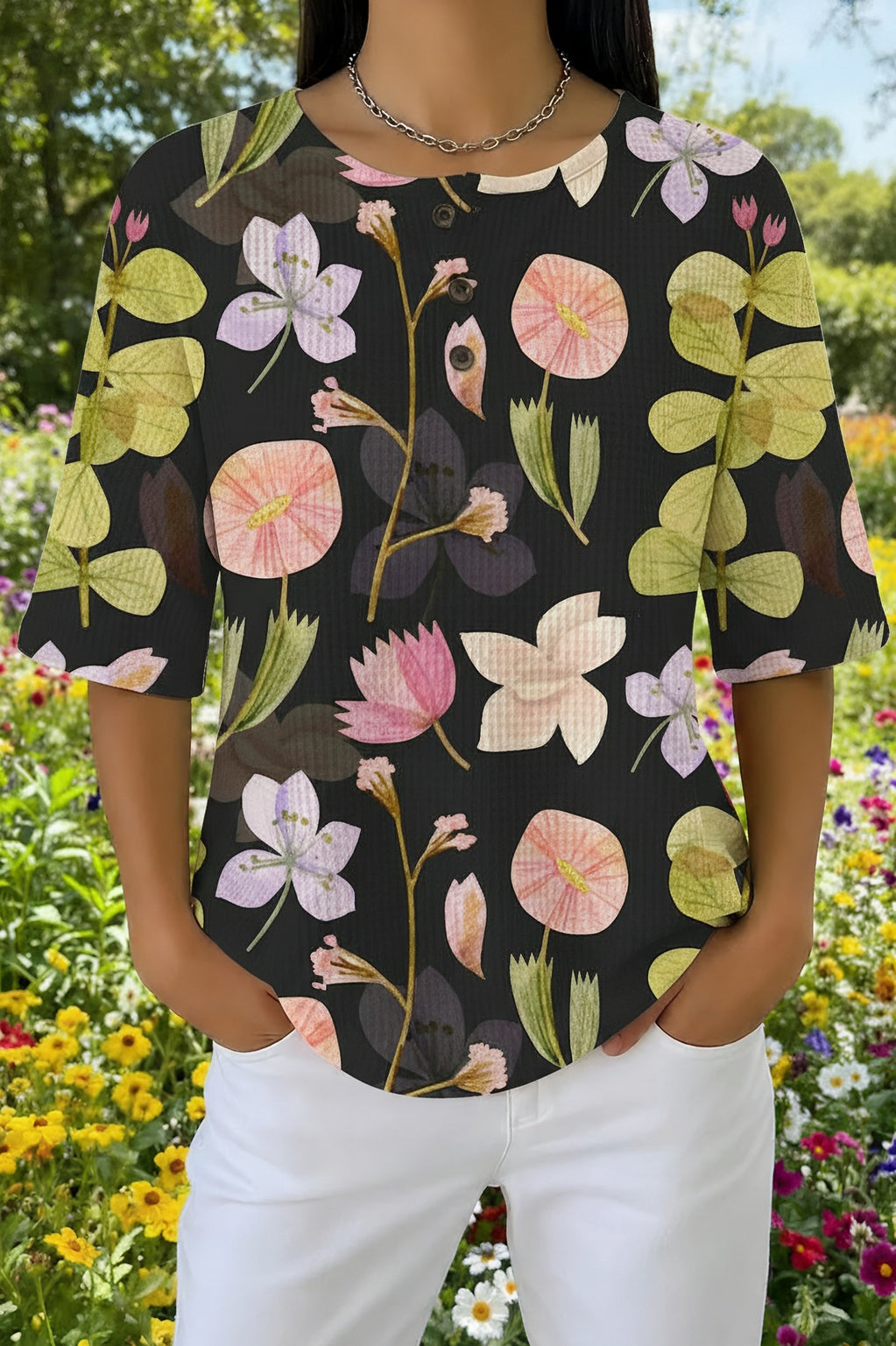 Womens Black Floral Print Casual Shirt