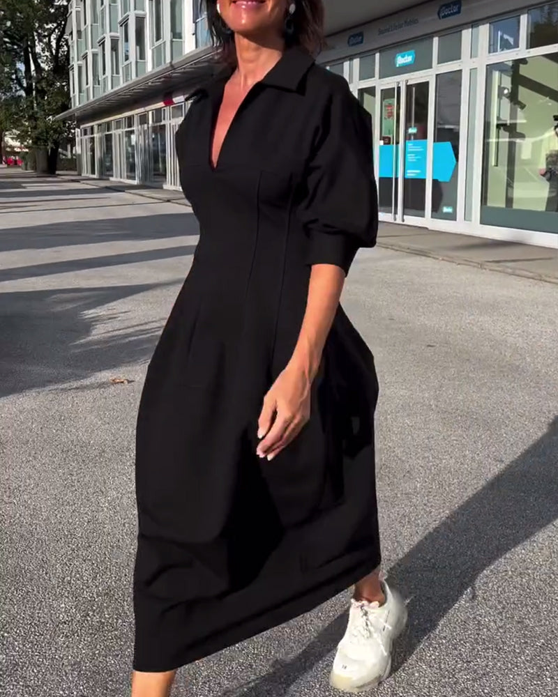Collared V-Neck Short Sleeve Pocket Cocoon Midi Dress